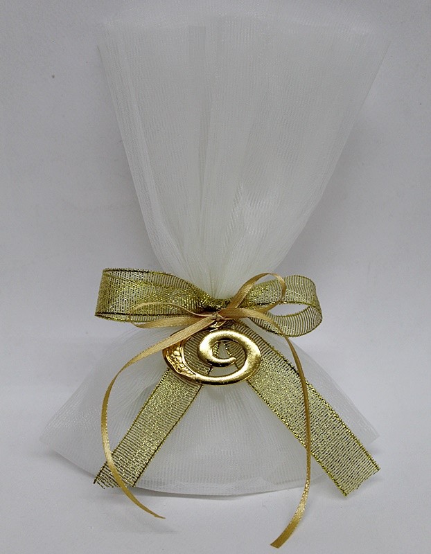 Μπομπονιέρα γάμου τούλινη λευκή με μεταλλικό χρυσό ρόδι
