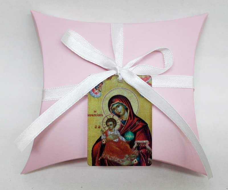 Μπομπονιέρα βάπτισης με κουτί ροζ και εικόνα Παναγία